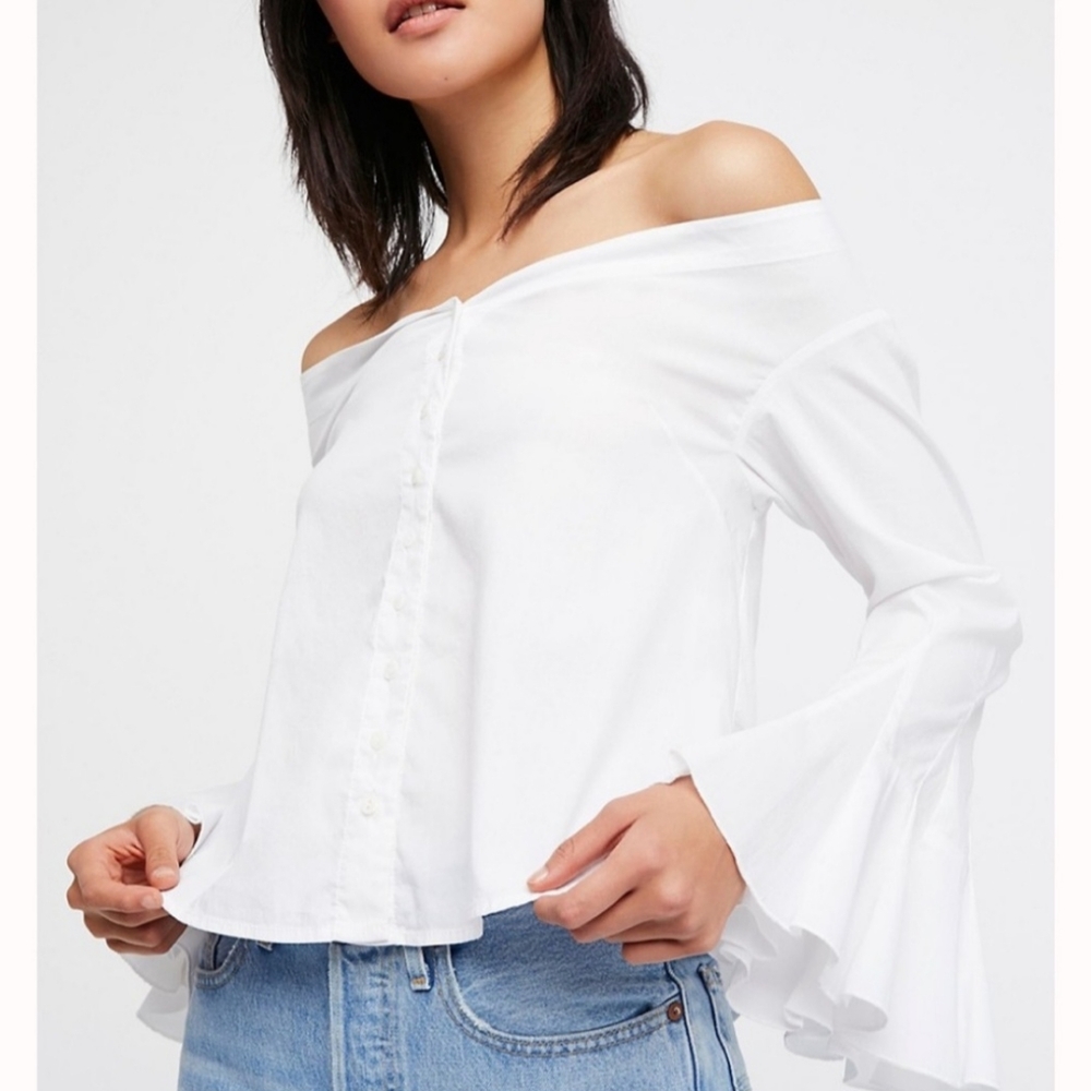Free People Size Medium "March to the Beat" Top,  White, Off-The-Shoulder